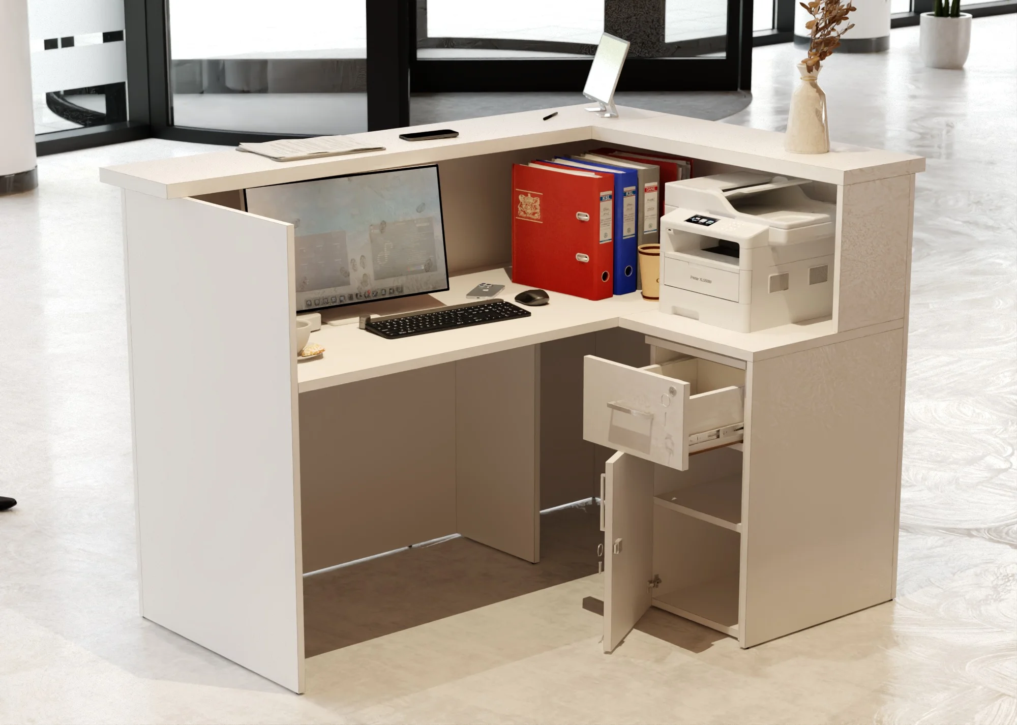 Lada recepcyjna z panelami drewnianymy